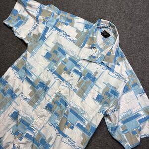 FUBU Button Up Shirt Mens XL Blue Abstract Graphic Short Sleeve Tropical Beach